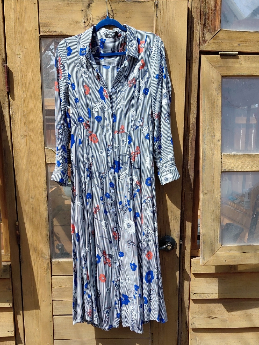 Papillion Striped Floral Button-Front Midi Dress - Blue, Red, White